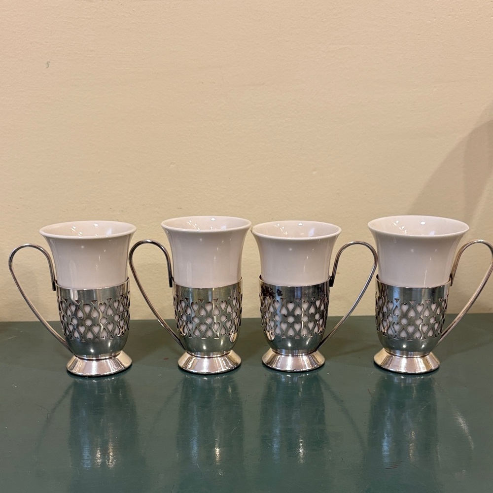 Vintage Irish Coffee Set of 4 Silver-Plated Holders with Ceramic Mugs.